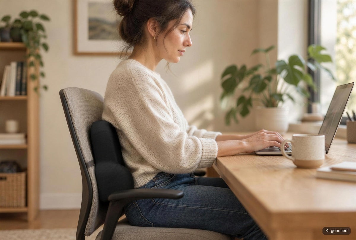 Frau am Schreibtisch im Homeoffice, ARCO liegt an der Lehne ihres Bürostuhls (KI-generiert)