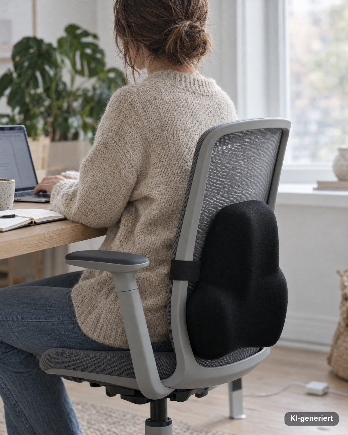 Person sitzt im Homeoffice am Schreibtisch, das schwarze ARCO Rückenstützkissen ist am Bürostuhl befestigt