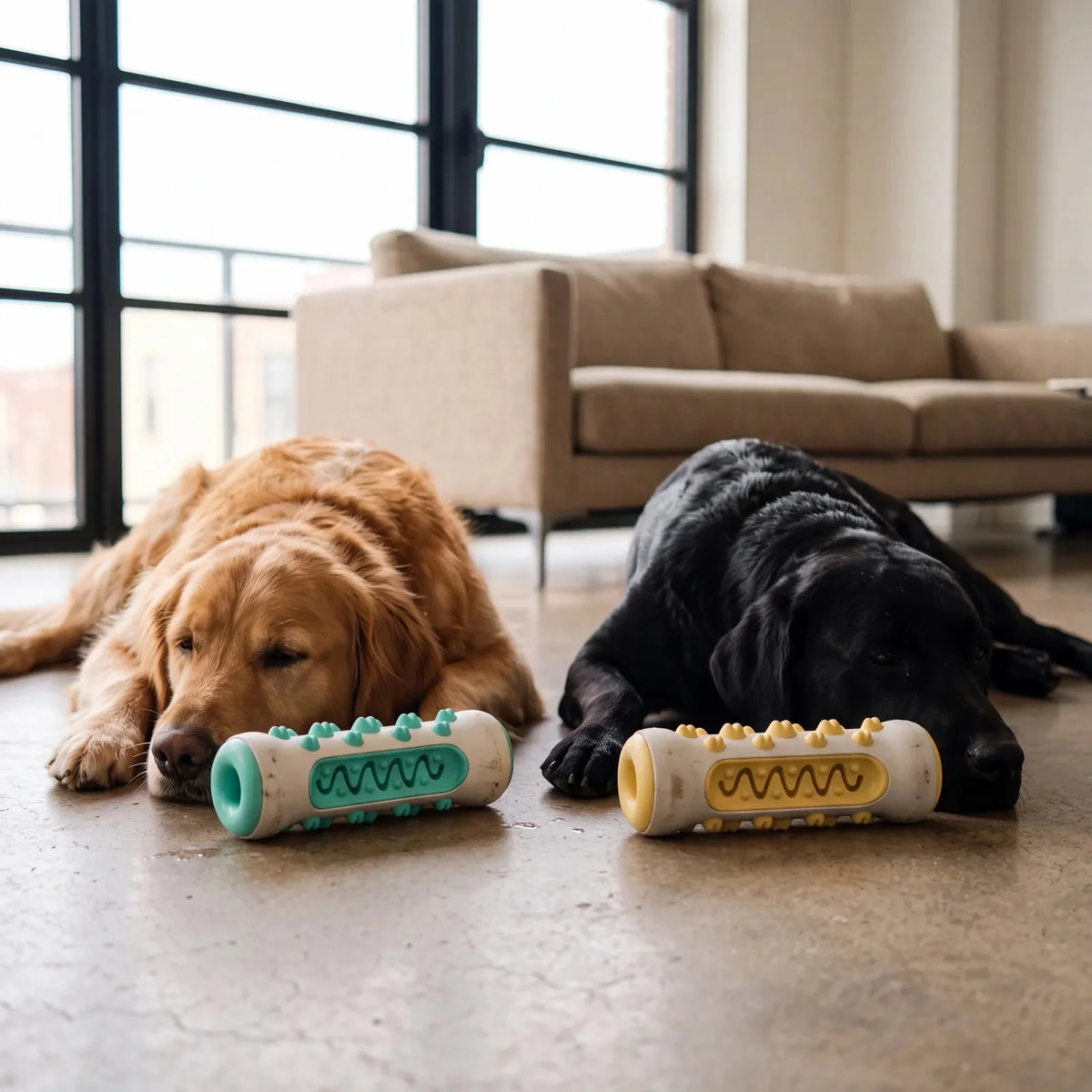 Zwei Hunde mit je einem BISSO Kaustick in Mint und Gelb (KI-generiertes Bild)