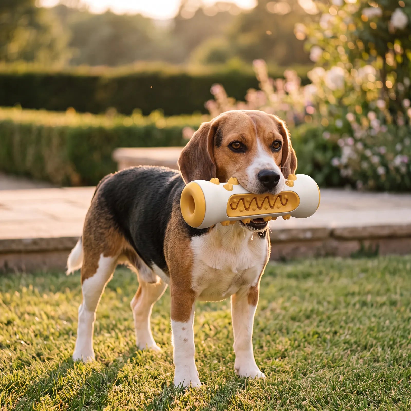 Beagle trägt den BISSO Kaustick in Gelb durch den Garten
