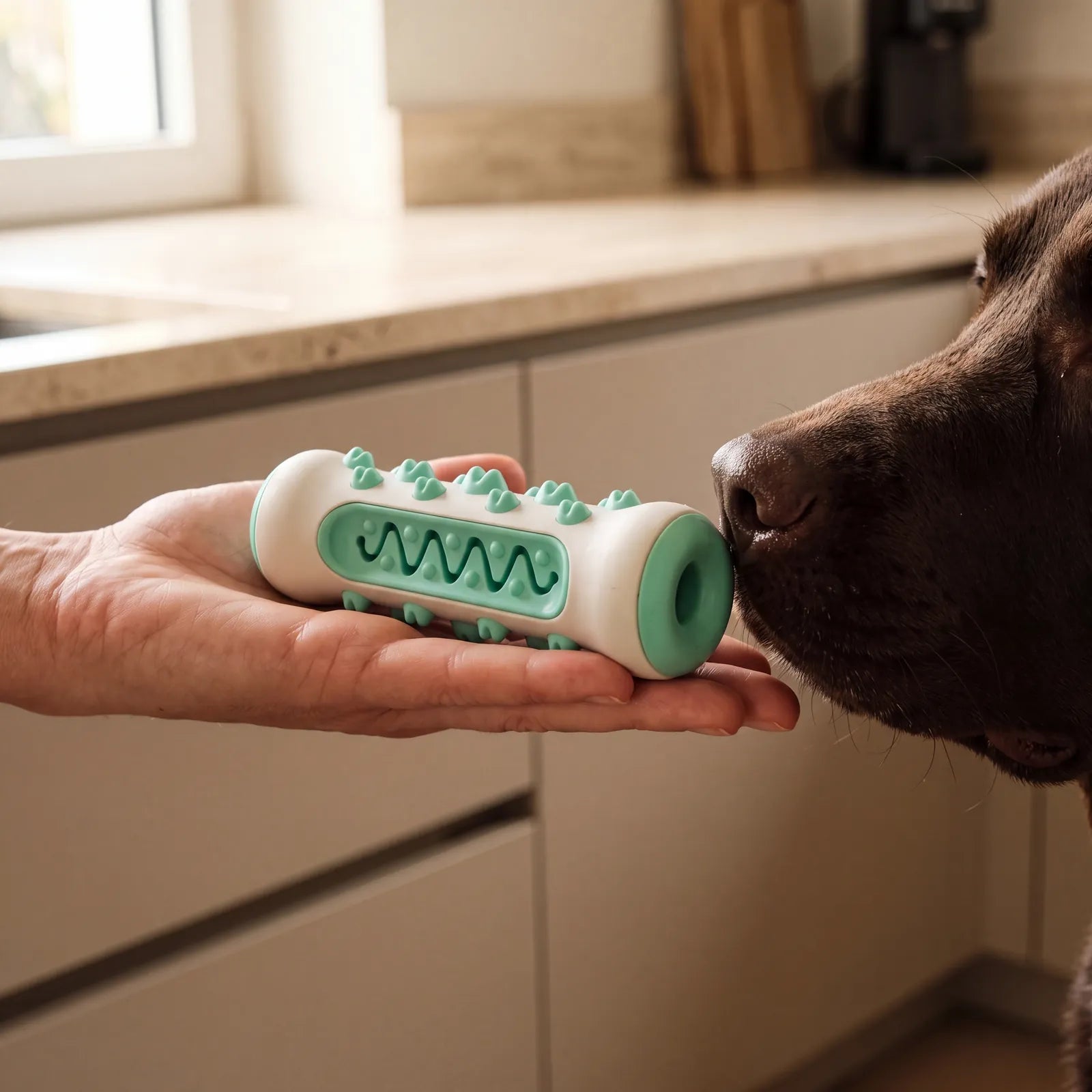 BISSO Kaustick in Mint auf der offenen Hand, ein Hund schnuppert daran