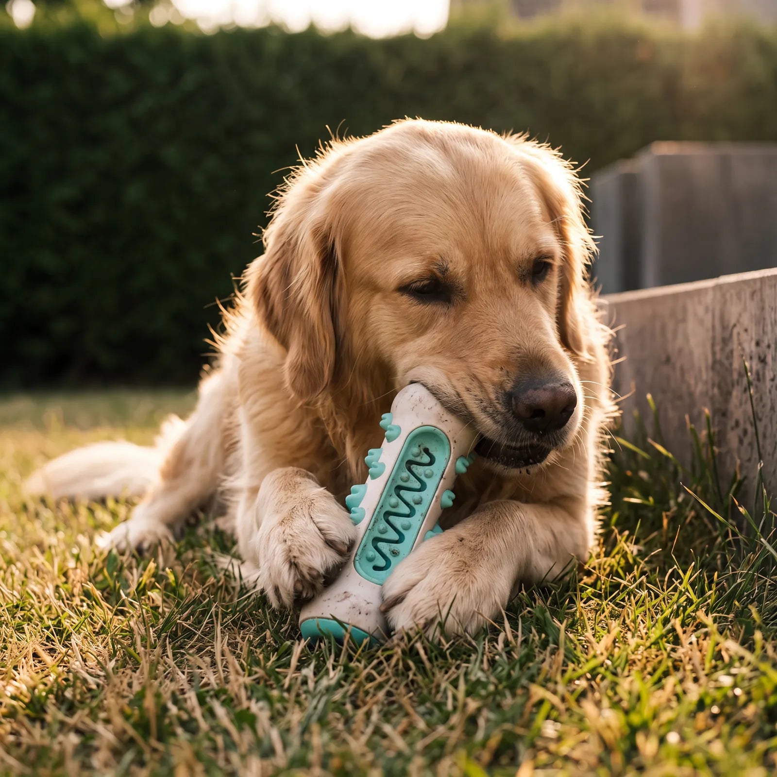 Golden Retriever liegt im Gras und arbeitet mit den Backenzähnen am BISSO Kaustick