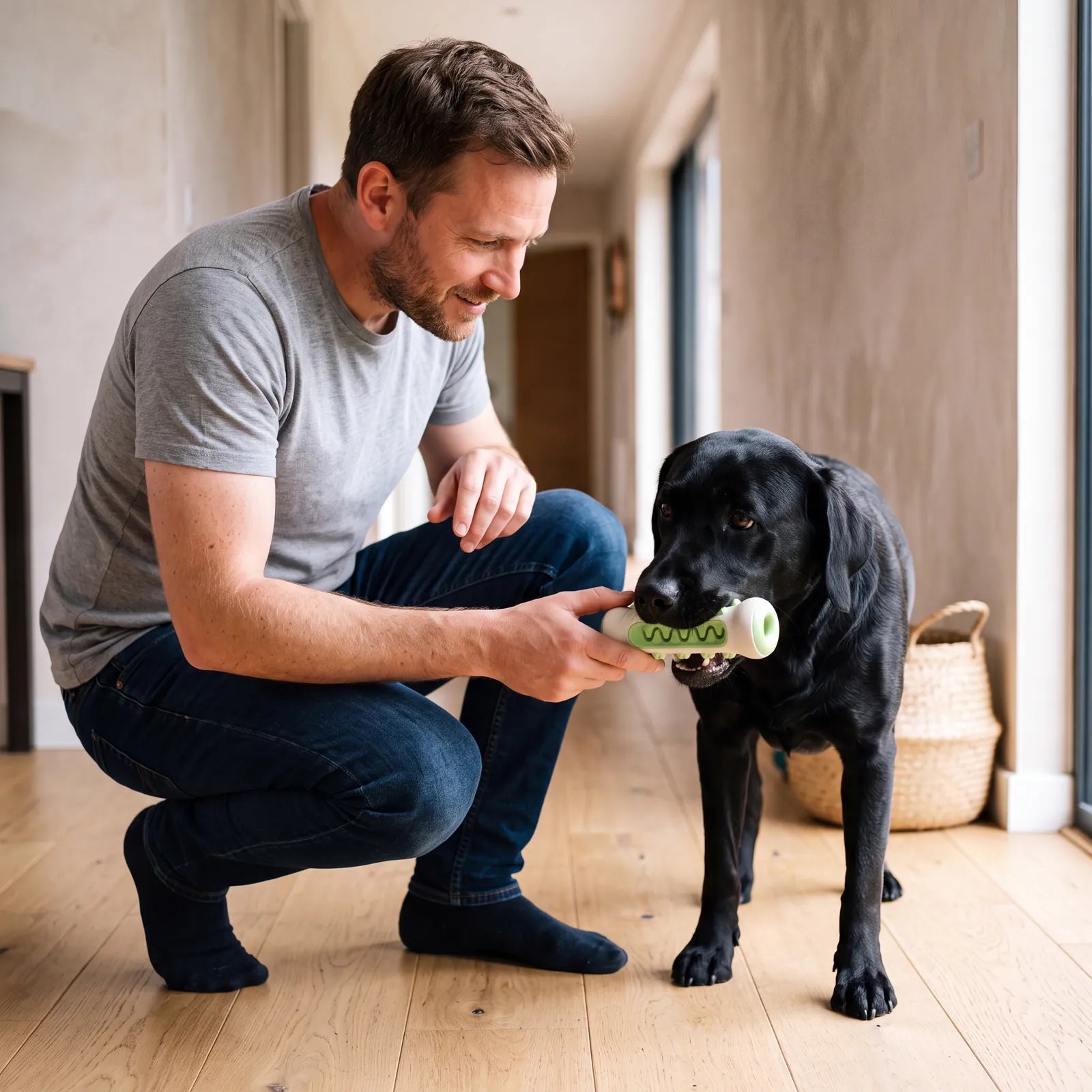 Mann übergibt einem Labrador den BISSO Kaustick in Grün