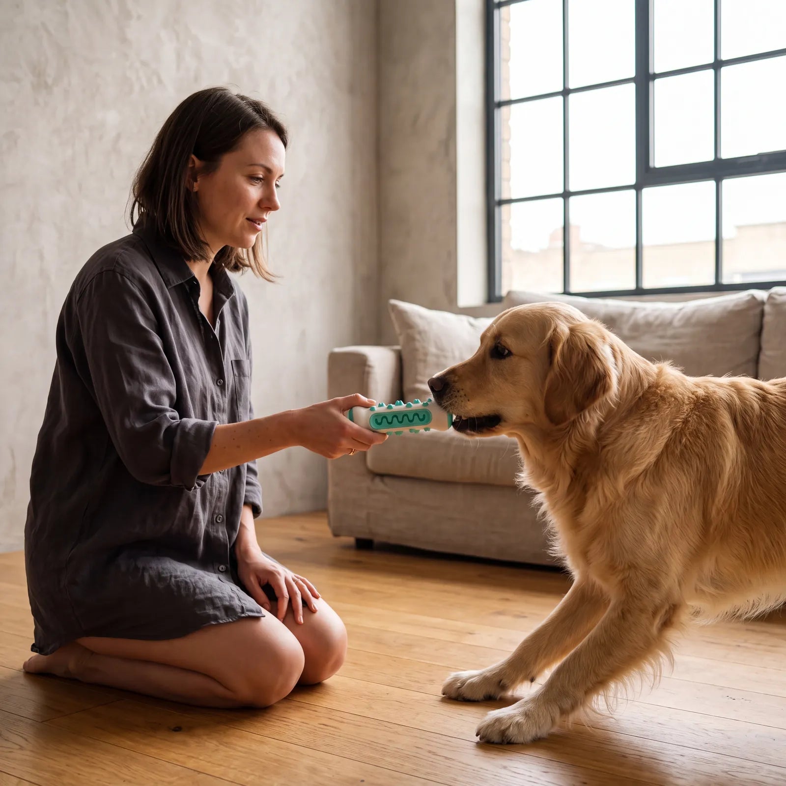 Frau reicht einem Golden Retriever den BISSO Kaustick in Mint