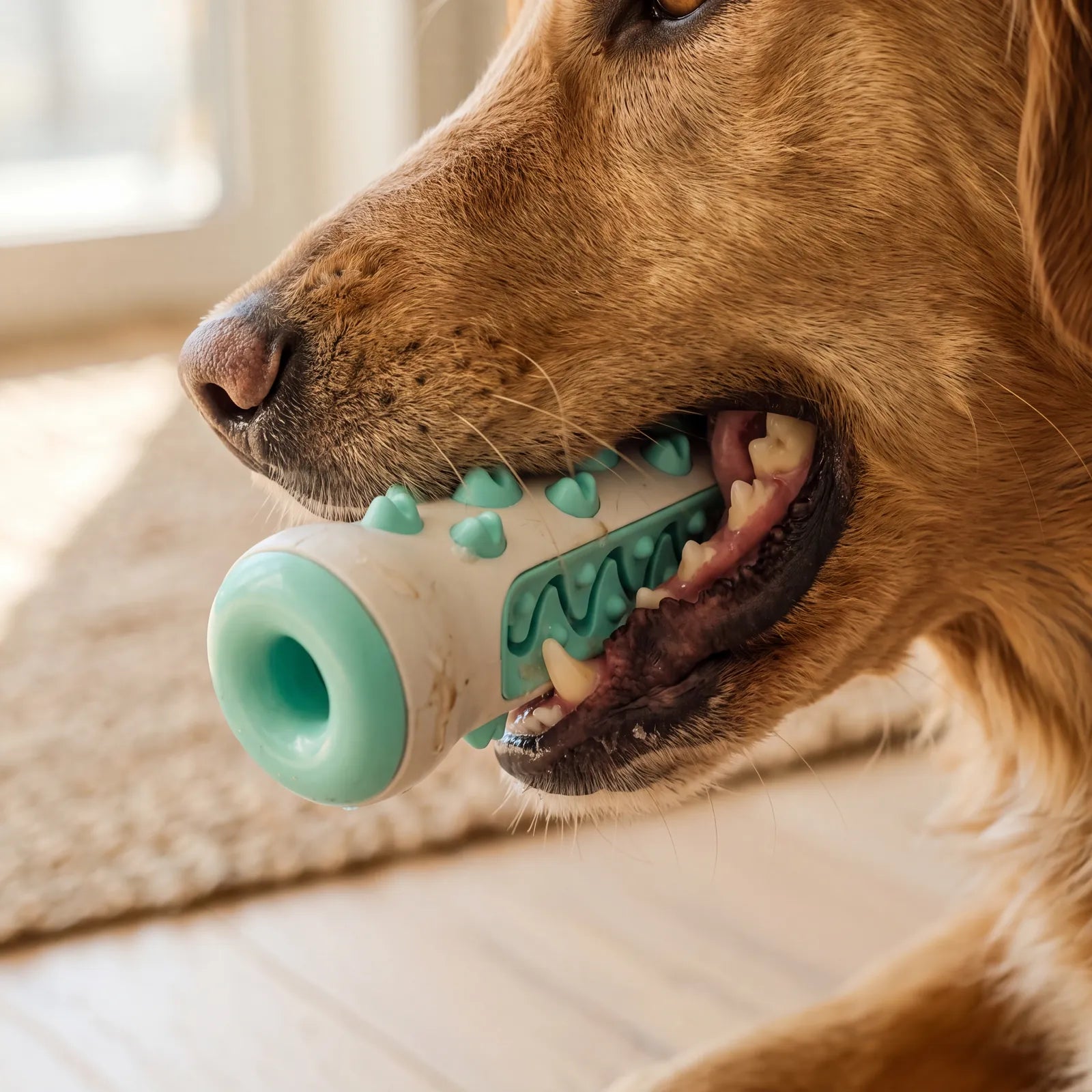 Nahaufnahme eines Hundes, der auf dem BISSO Kaustick kaut