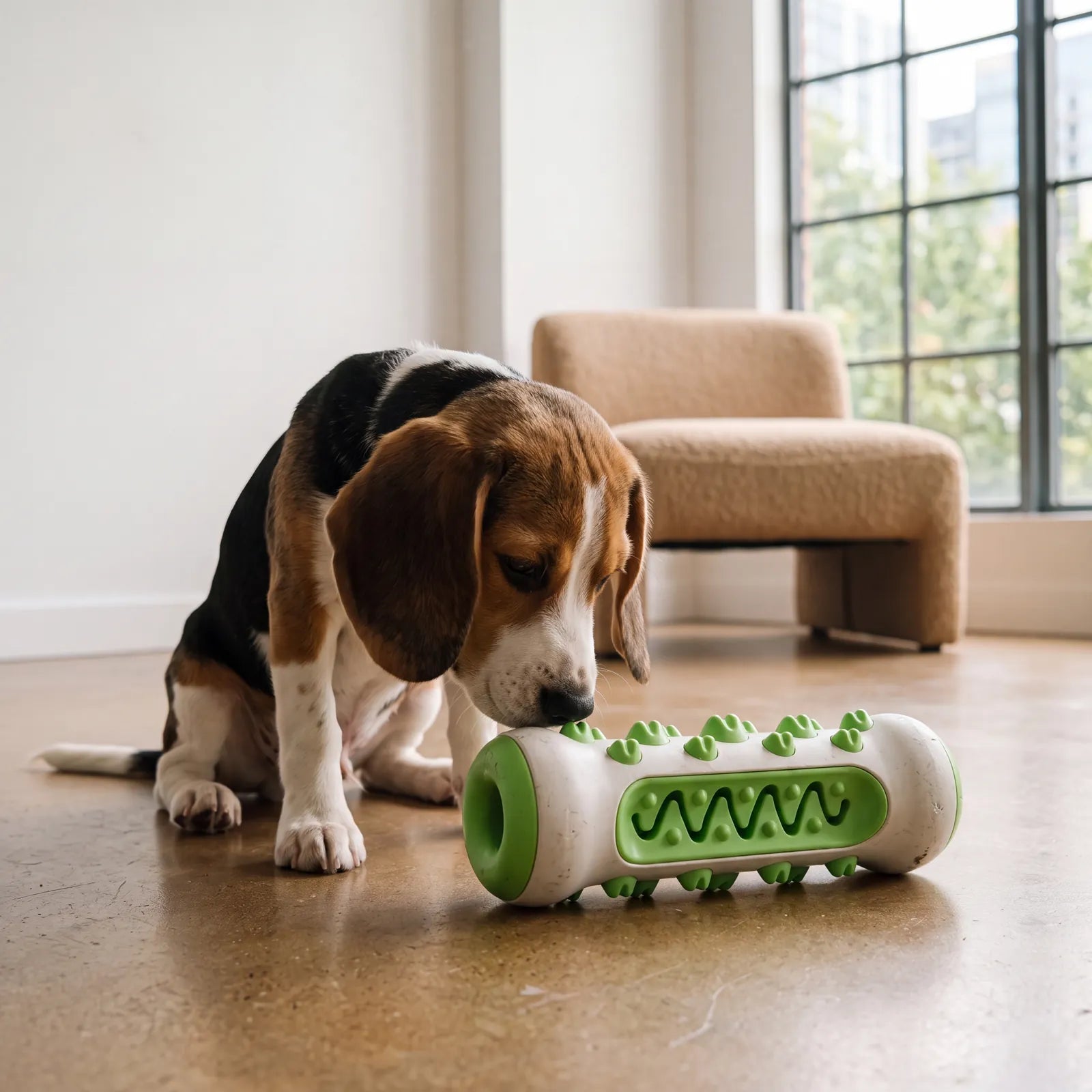 Beagle beugt sich über den BISSO Kaustick in Grün auf dem Wohnzimmerboden