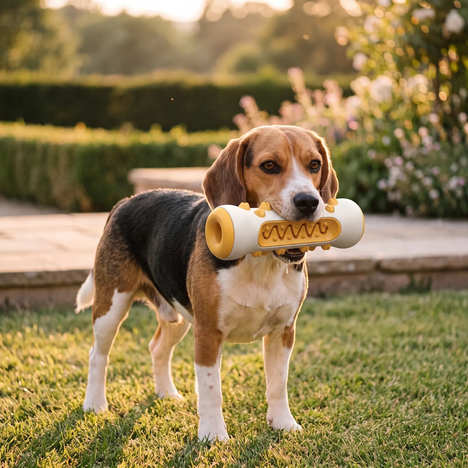 Beagle trägt den BISSO Kaustick in Gelb durch den Garten