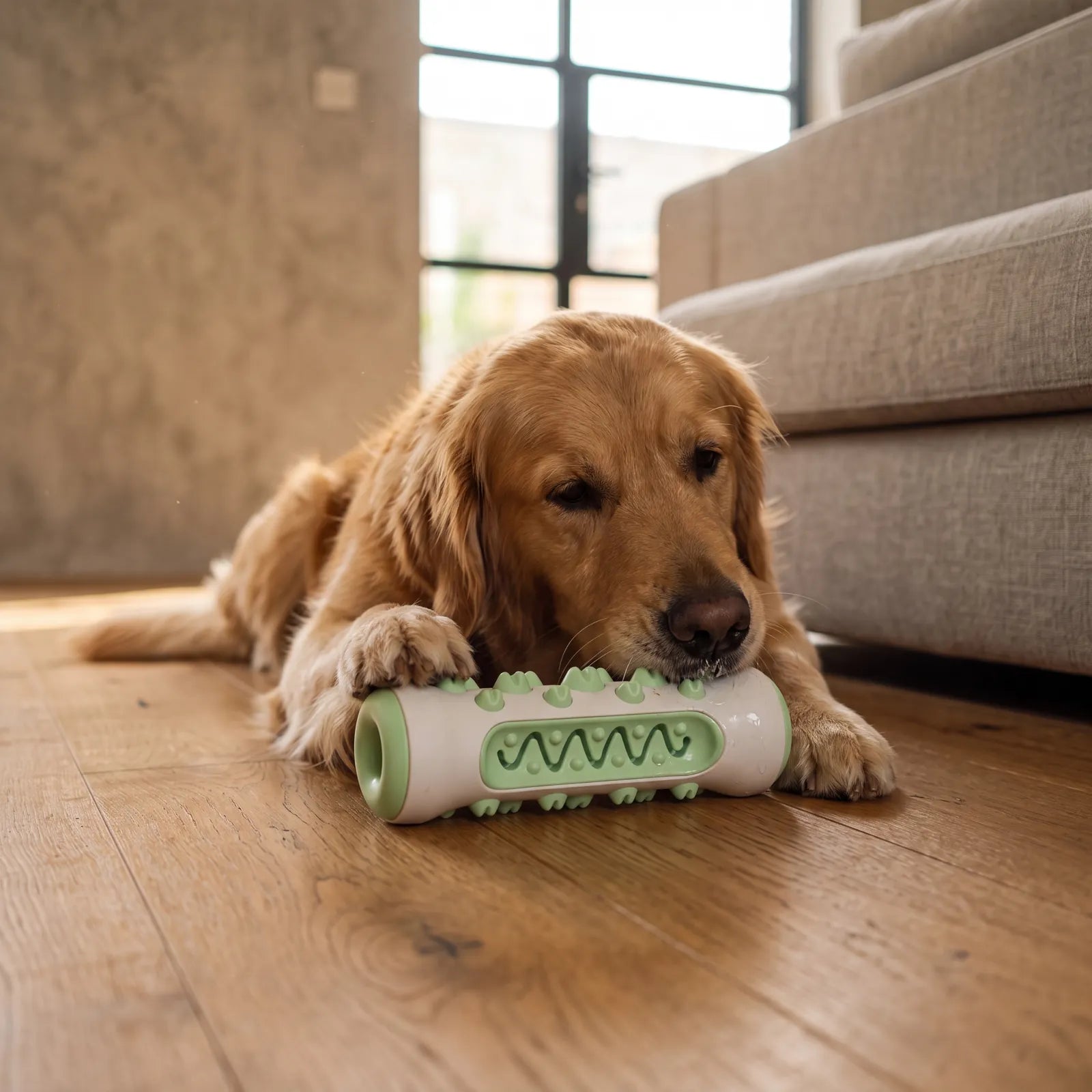 Golden Retriever kaut im Wohnzimmer auf dem BISSO Kaustick in Grün