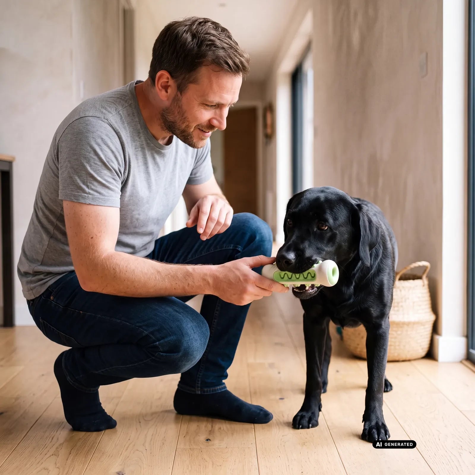 Mann übergibt einem Labrador den BISSO Kaustick in Grün (KI-generiertes Bild)