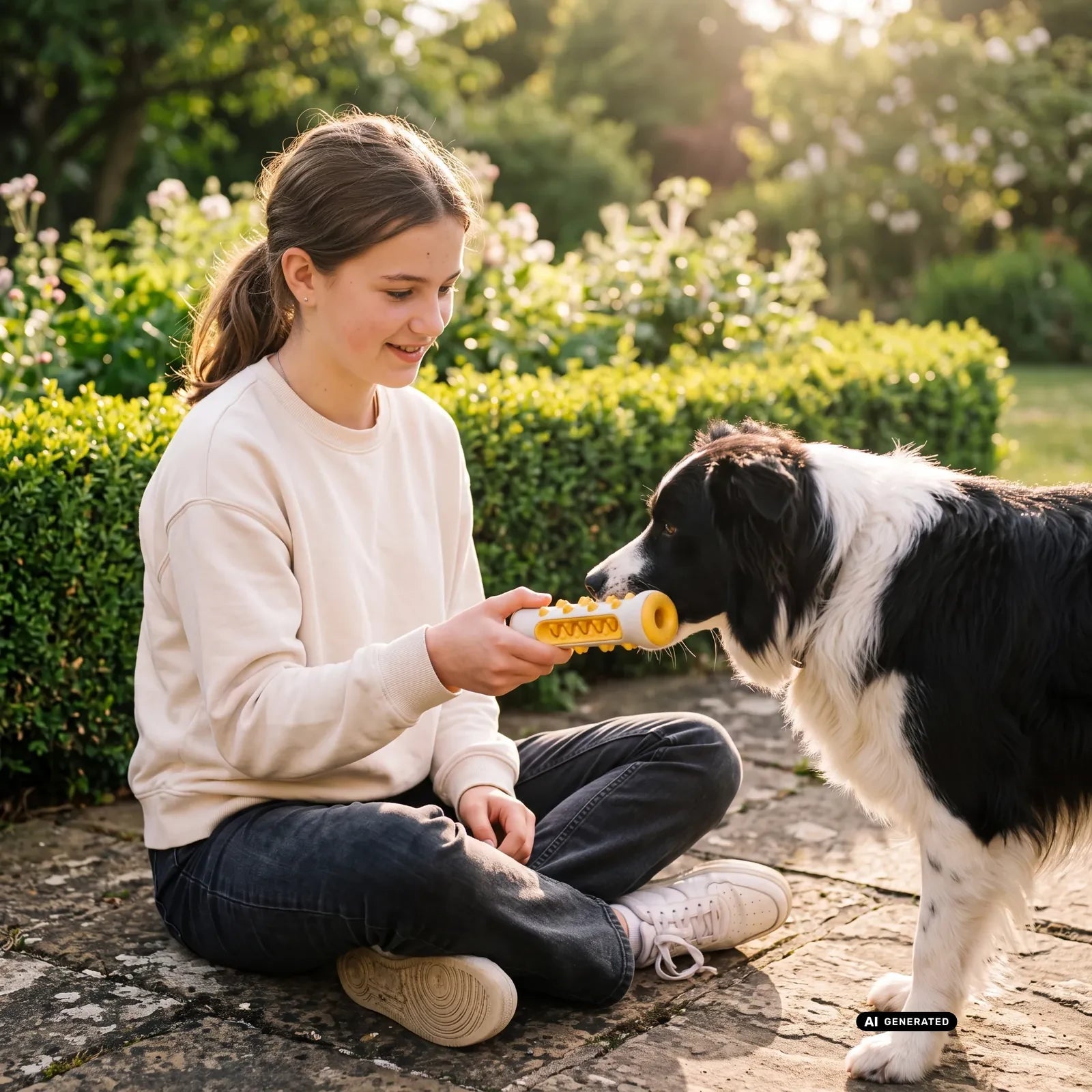 Jugendliche reicht einem Border Collie den BISSO Kaustick in Gelb (KI-generiertes Bild)