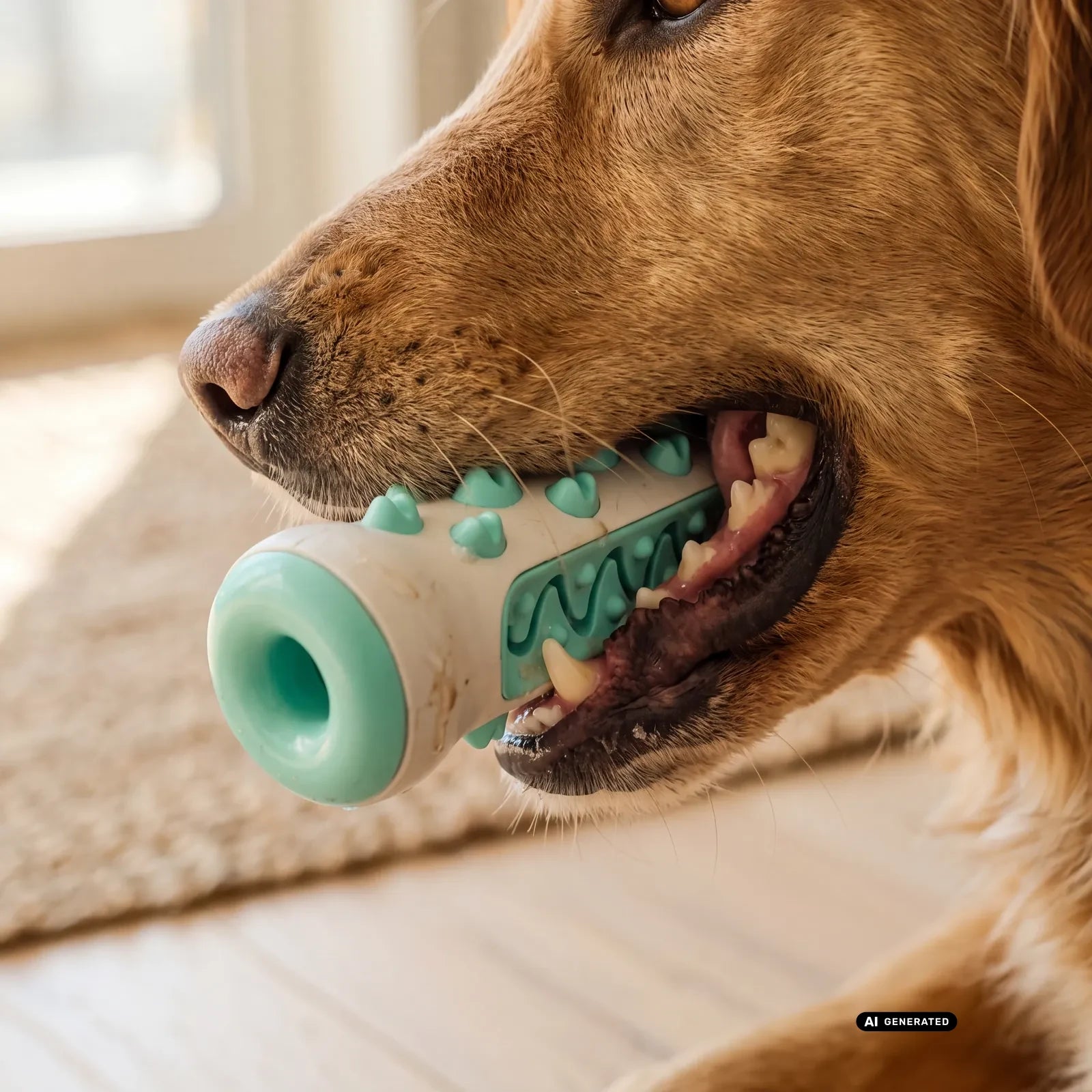 Nahaufnahme eines Hundes, der auf dem BISSO Kaustick kaut (KI-generiertes Bild)