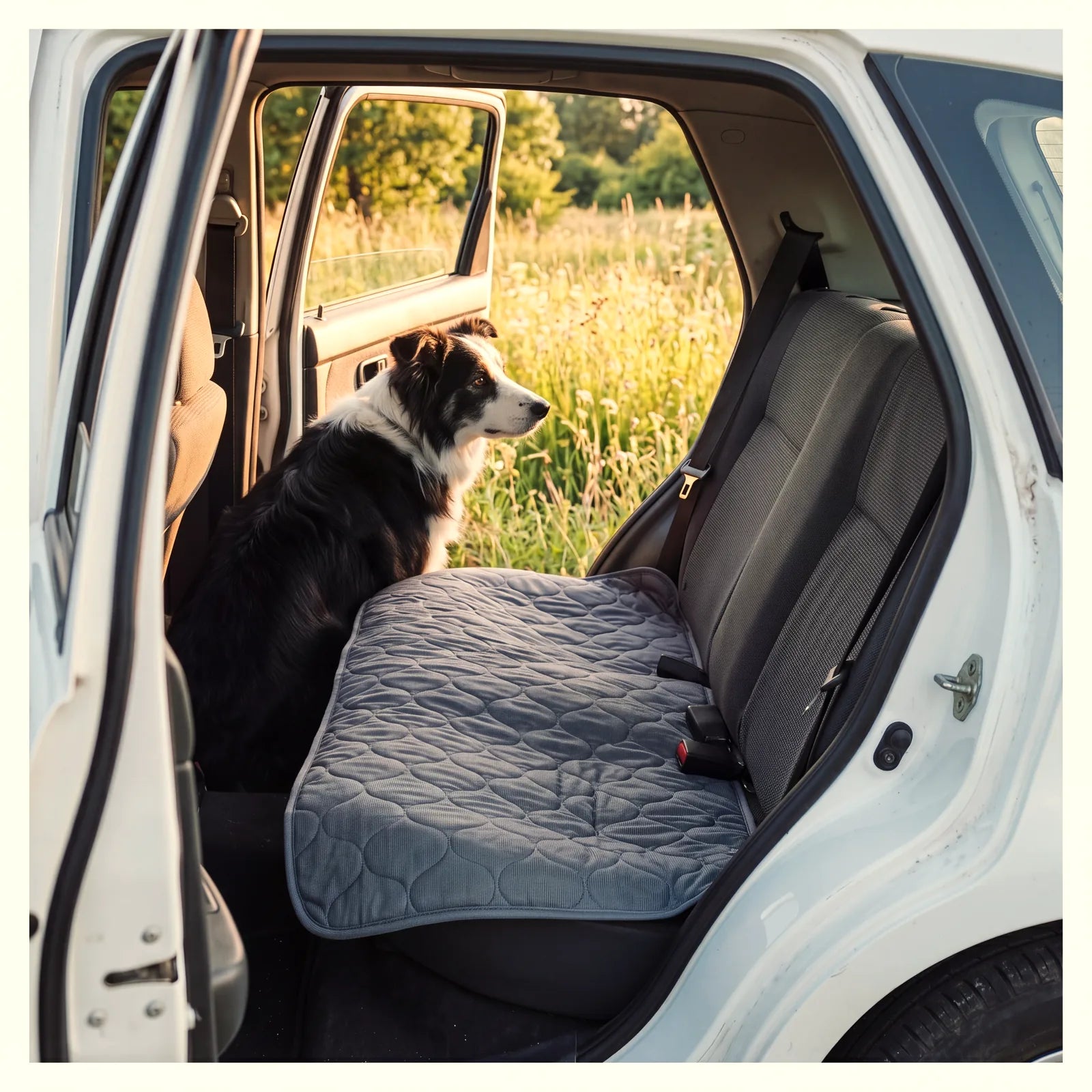 Border Collie sitzt auf einer graphitfarbenen SOVA Kühlmatte auf der Rückbank eines Autos (KI-generiertes Bild)