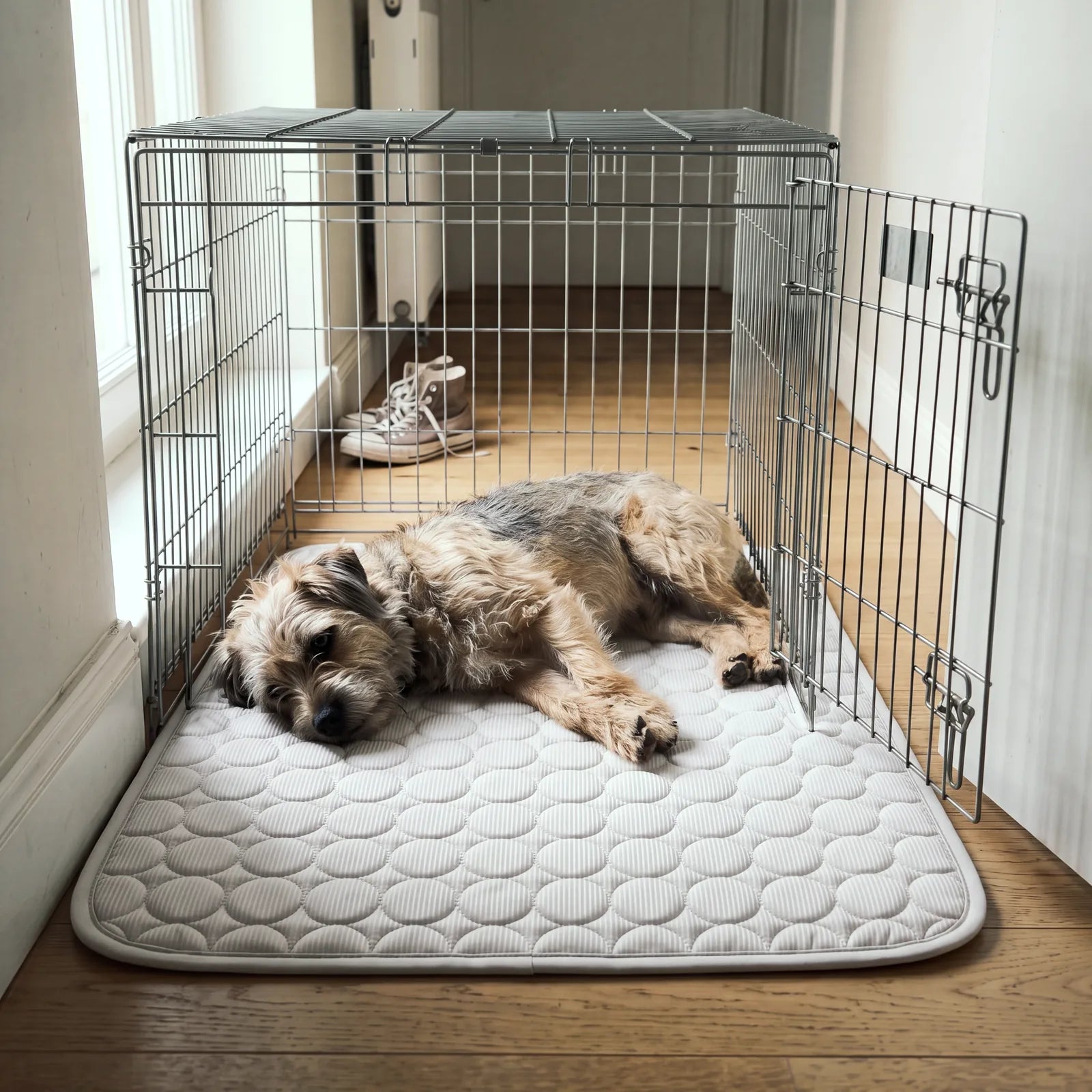 Terrier liegt auf einer SOVA Kühlmatte in Nebel in einer geöffneten Hundebox (KI-generiertes Bild)