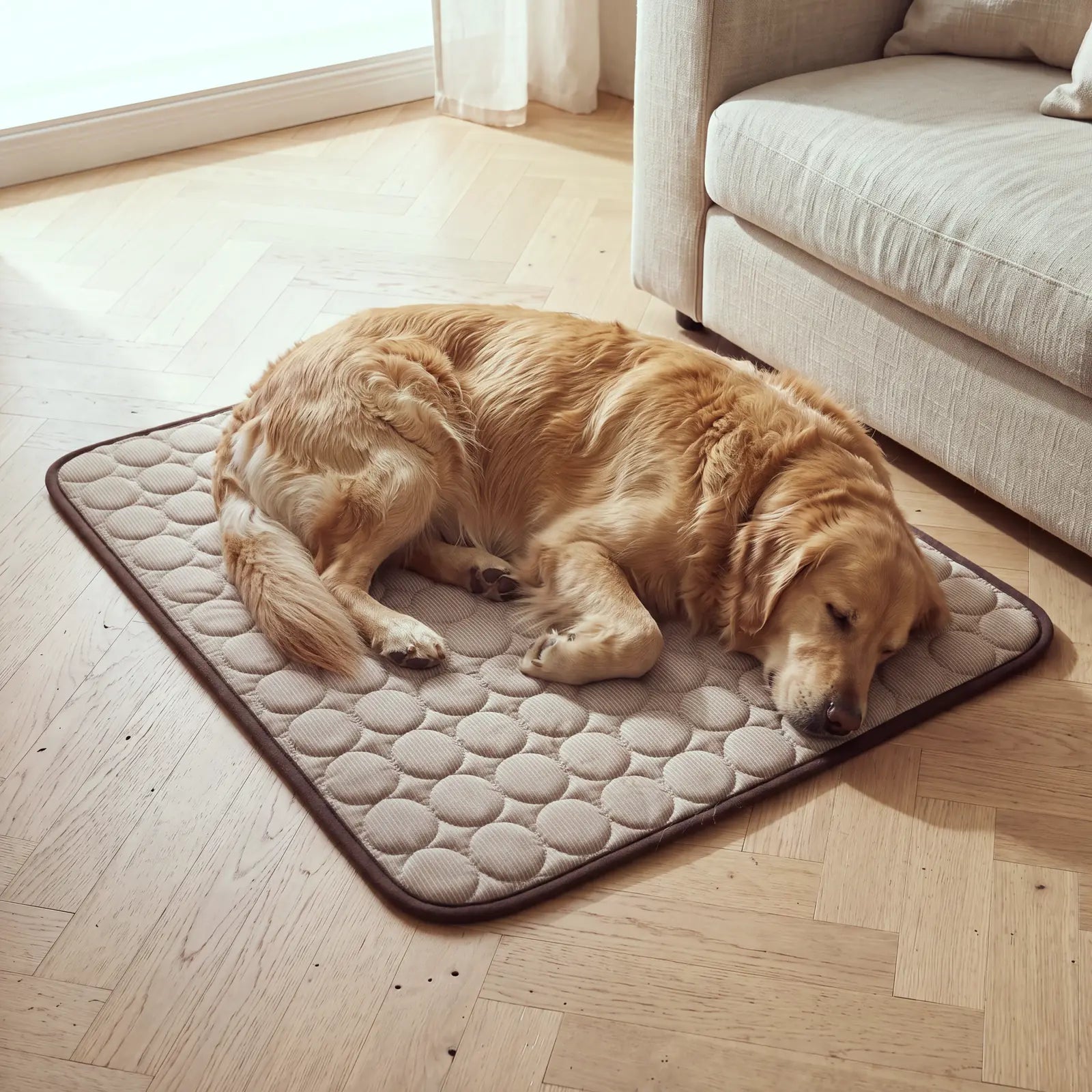 Golden Retriever schläft auf einer SOVA Kühlmatte in Kaffee auf Eichenparkett (KI-generiertes Bild)