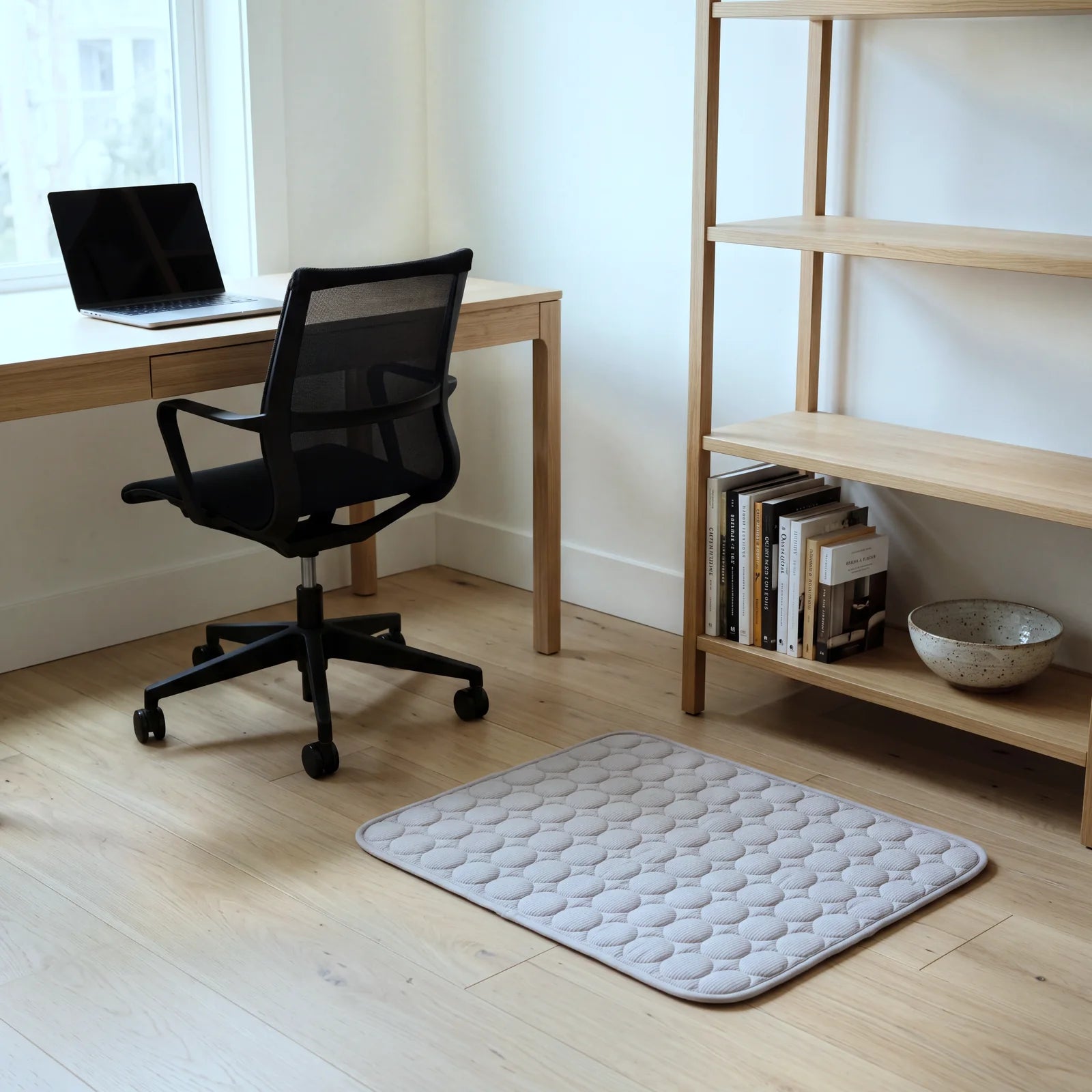 SOVA Kühlmatte in Nebel neben einem Schreibtisch in einem hellen Arbeitszimmer (KI-generiertes Bild)